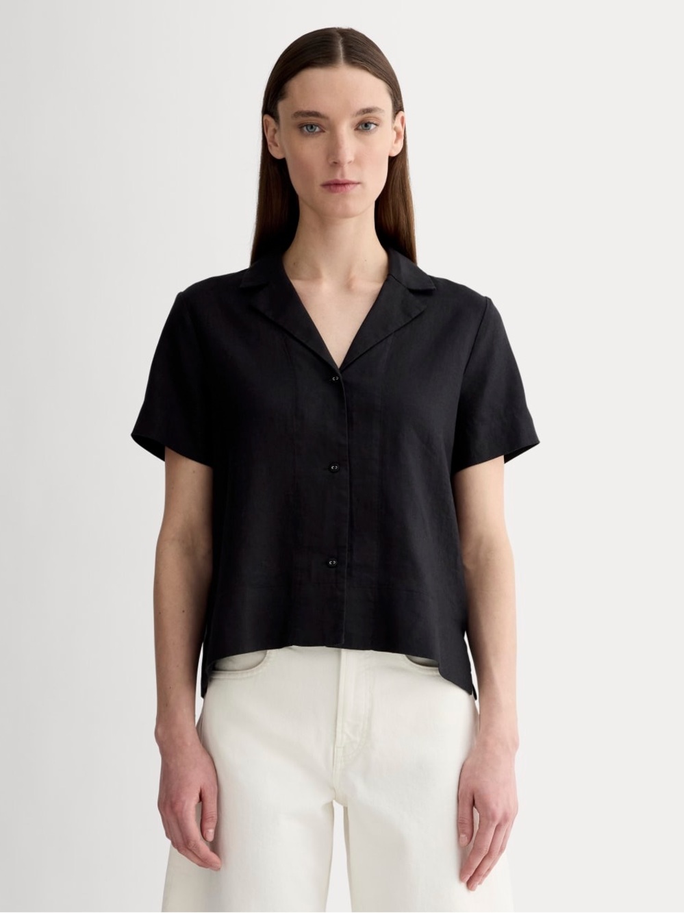 Everlane Linen Short Sleeve Notch Shirt - Black - XXL